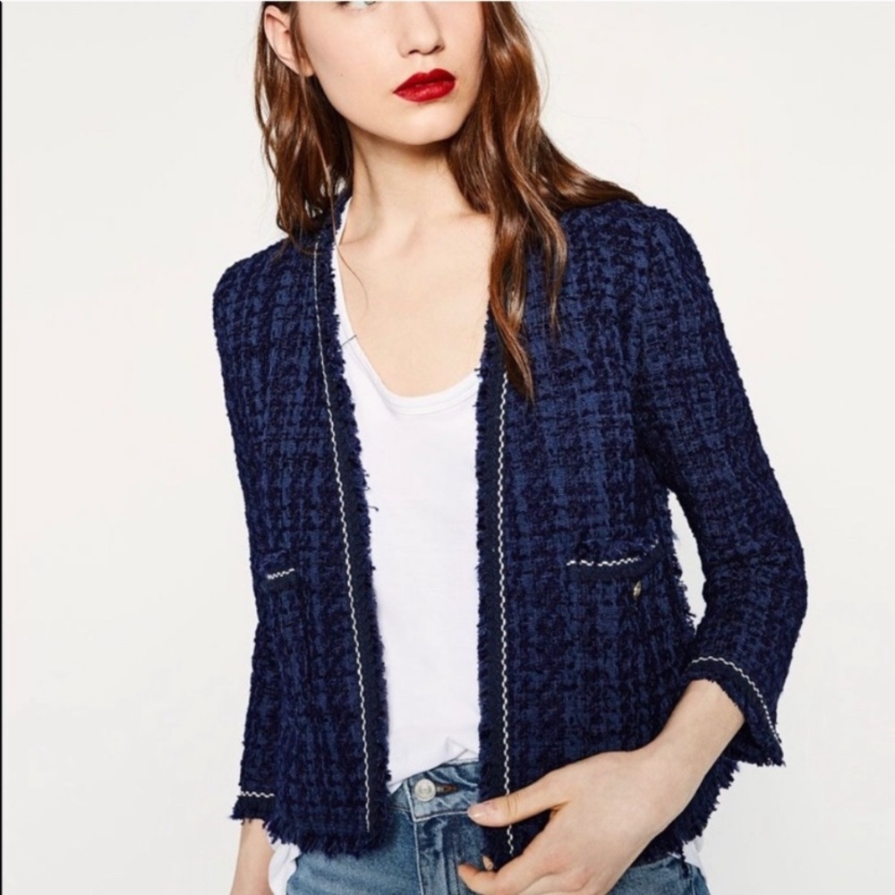 Zara Woman Navy Blue Tweed Blazer w/ Gold Buttons S